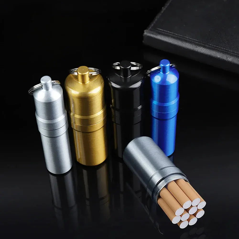 Metal cigarette case with keychain in silver, gold, black, and blue, showing its portable design with cigarettes.