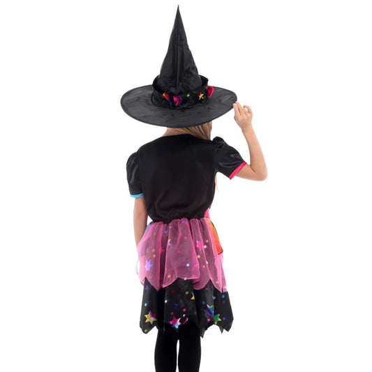 Halloween Children's Witch Dress - Comes with Hat, Halloween Role Playing Costume,Colorful Star Pattern Printed Carnival Costume Good Vibrations