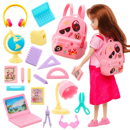Cute Miniature Dollhouse Study Accessories for Doll 18 Items Mini Laptop Ruler Globe Pencil Table Lamp for Barbie Kids Toys Good Vibrations