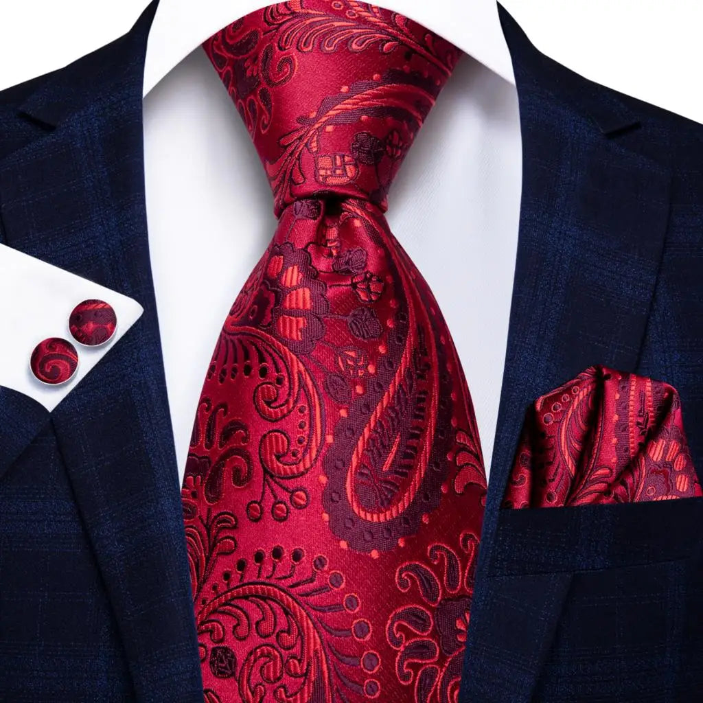 Hi-Tie Designer Red Burgundy Plaid Silk Wedding Tie For Men Handky Cufflink Gift Mens Necktie Fashion Business Party Dropshiping Good Vibrations