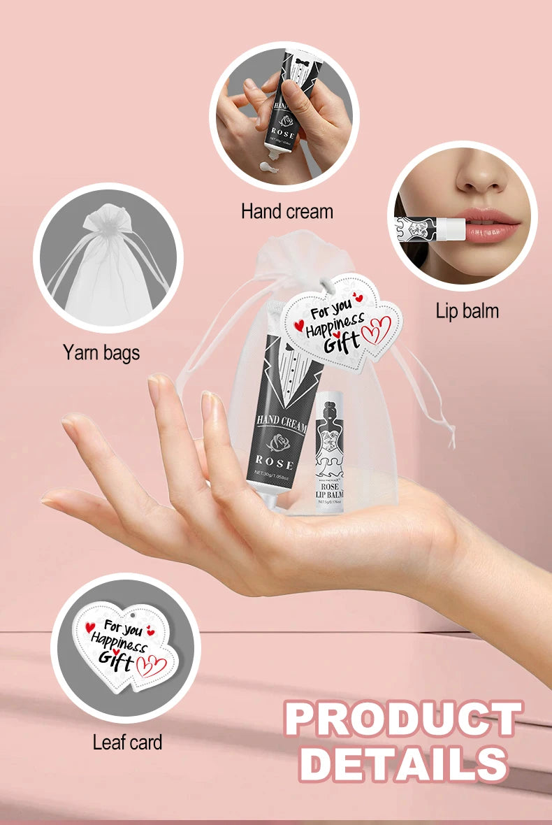 20 sets of wedding dress and suit theme gifts include hand cream, lipstick, white drawstring bag and wedding love greeting card