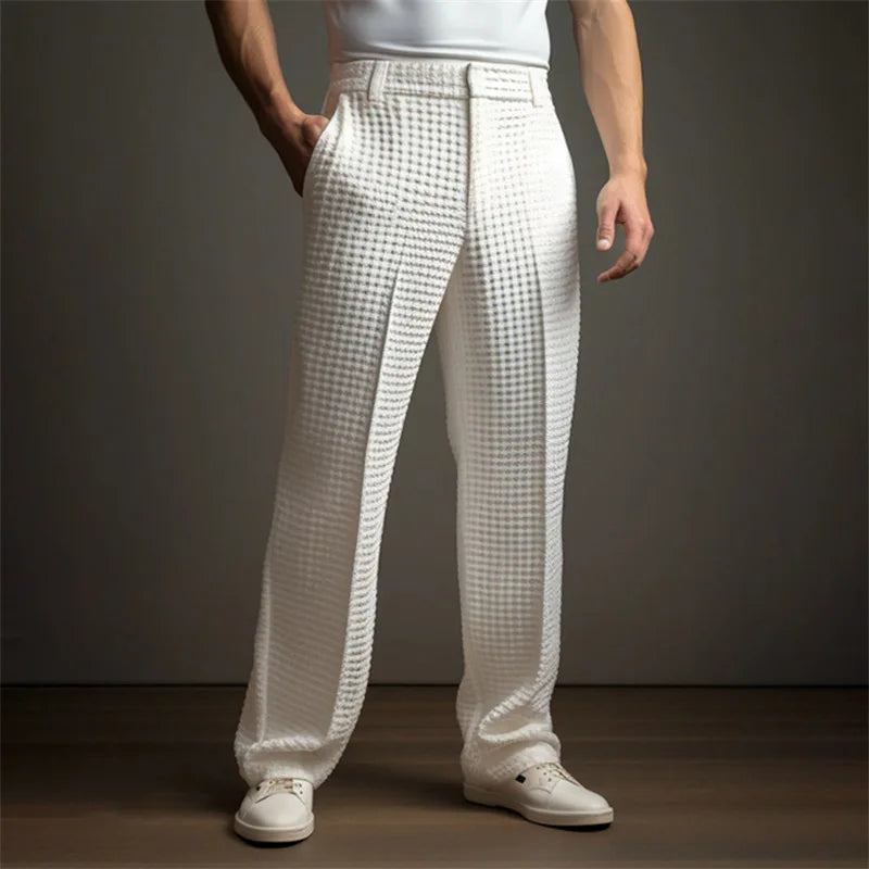 New 2025 Men's Elegant Waffle Suit Pants Solid Loose Straight Trousers Business Social Dress Pants Casual Vacation Pants for Men Good Vibrations