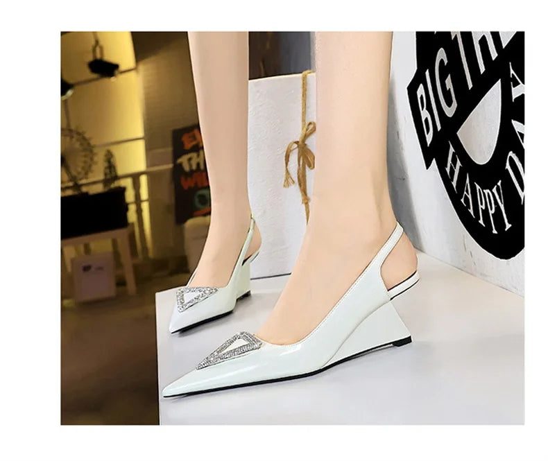 Wedges Women Shoes High Heel Shallow Pointed Toe Hollow Back Straps Patent Leather Triangle Metal Crystal Buckle Pumps Good Vibrations