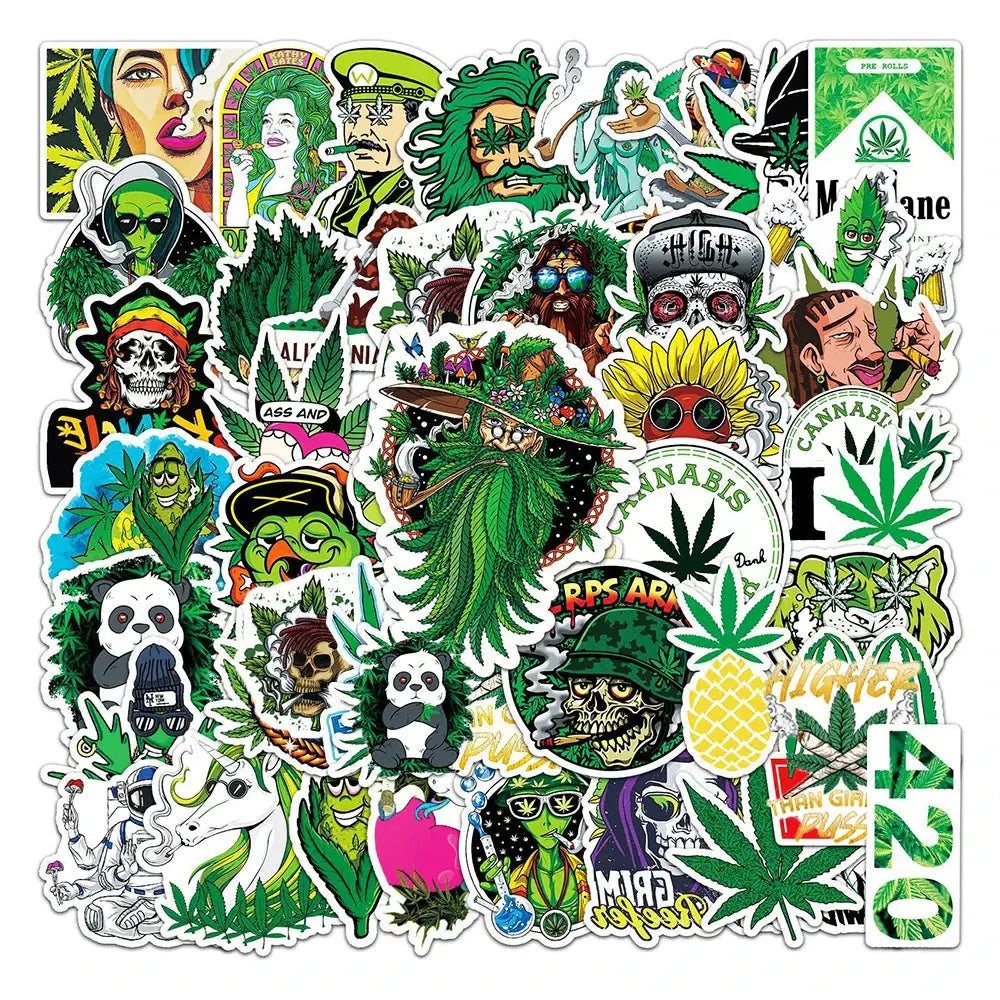 Funny smoking weed hemp leaf stickers in a variety of cartoon designs; ideal for laptops, luggage, and more.