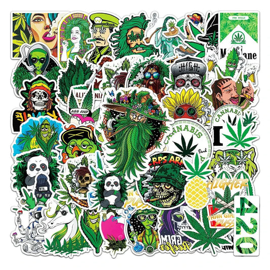 Funny smoking weed hemp leaf stickers in a variety of cartoon designs; ideal for laptops, luggage, and more.