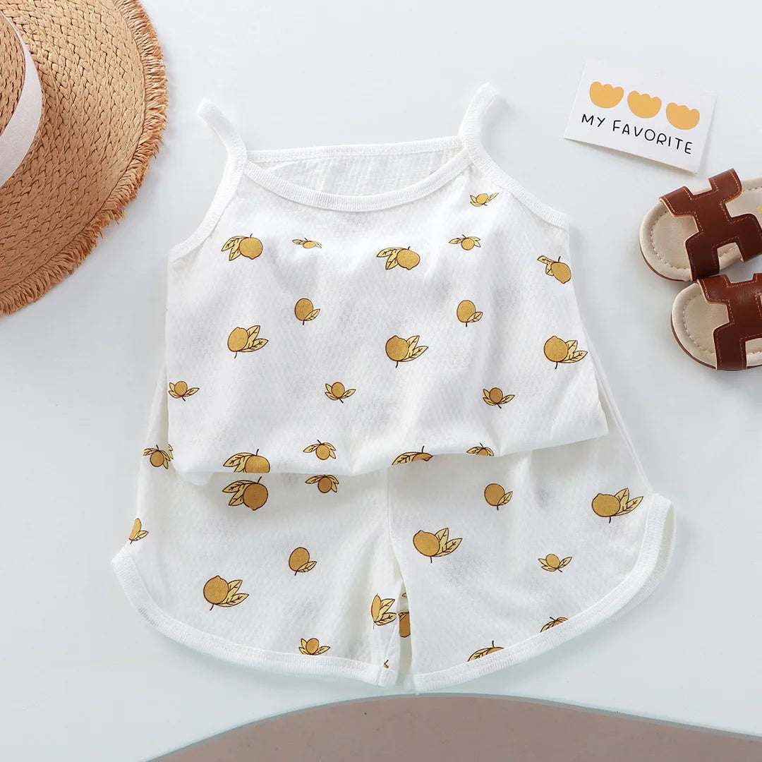 Girls Summer Clothes Sets New Baby Sleeveless Tops Shorts 2 Pieces Suit Girls Square Collar Clothing Set Kids Cotton Clothes Good Vibrations