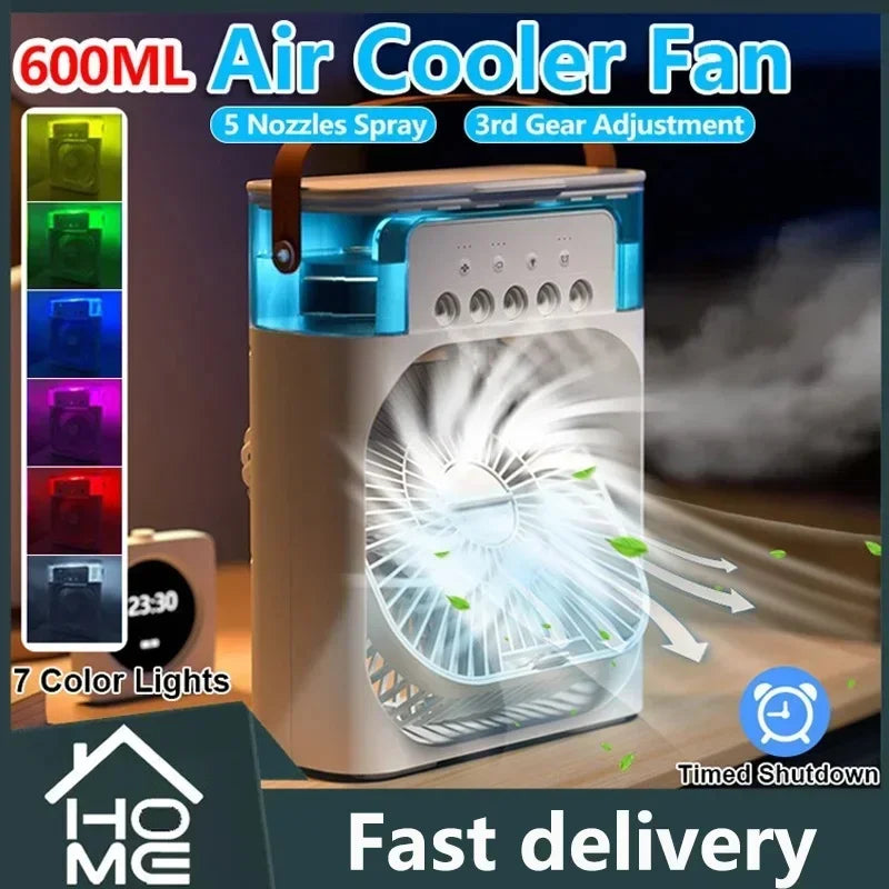 Portable 3 in 1 fan air cooler with 600ML water tank, 5 nozzle spray, 3-speed adjustment, and 7 color LED lights for home use