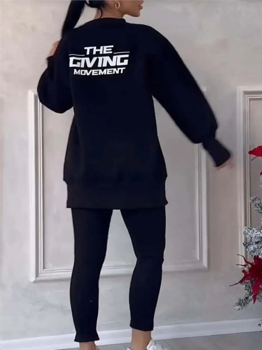 Women's Casual Sweatshirt Sports Set Autumn Winter Fashion Solid Loose Irregular Sweatshirt Top And Slim Trouser Two Piece Sets Good Vibrations