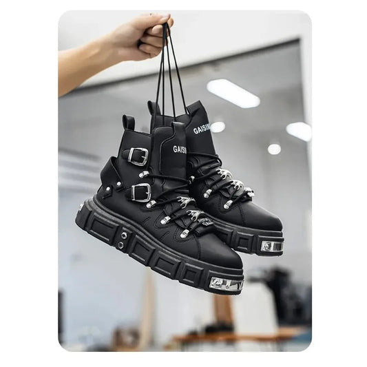 Boots For Man Fashion Rivet Leather Design Luxury Shoes Gothic Black Street Hip Hop punk Rock ankle boots Men Motorcycle shoes Good Vibrations