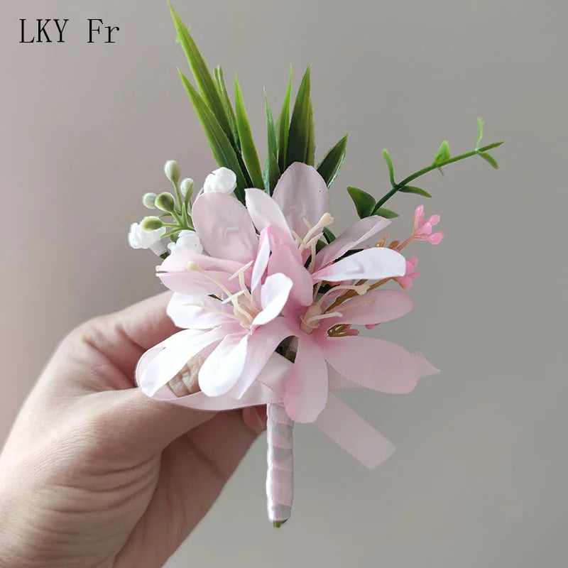 White Boutonniere Wedding Accessories Groom Buttonhole Wrist Corsage Brooch Flowers Artificial Silk Roses Bridesmaids Bracelets Good Vibrations