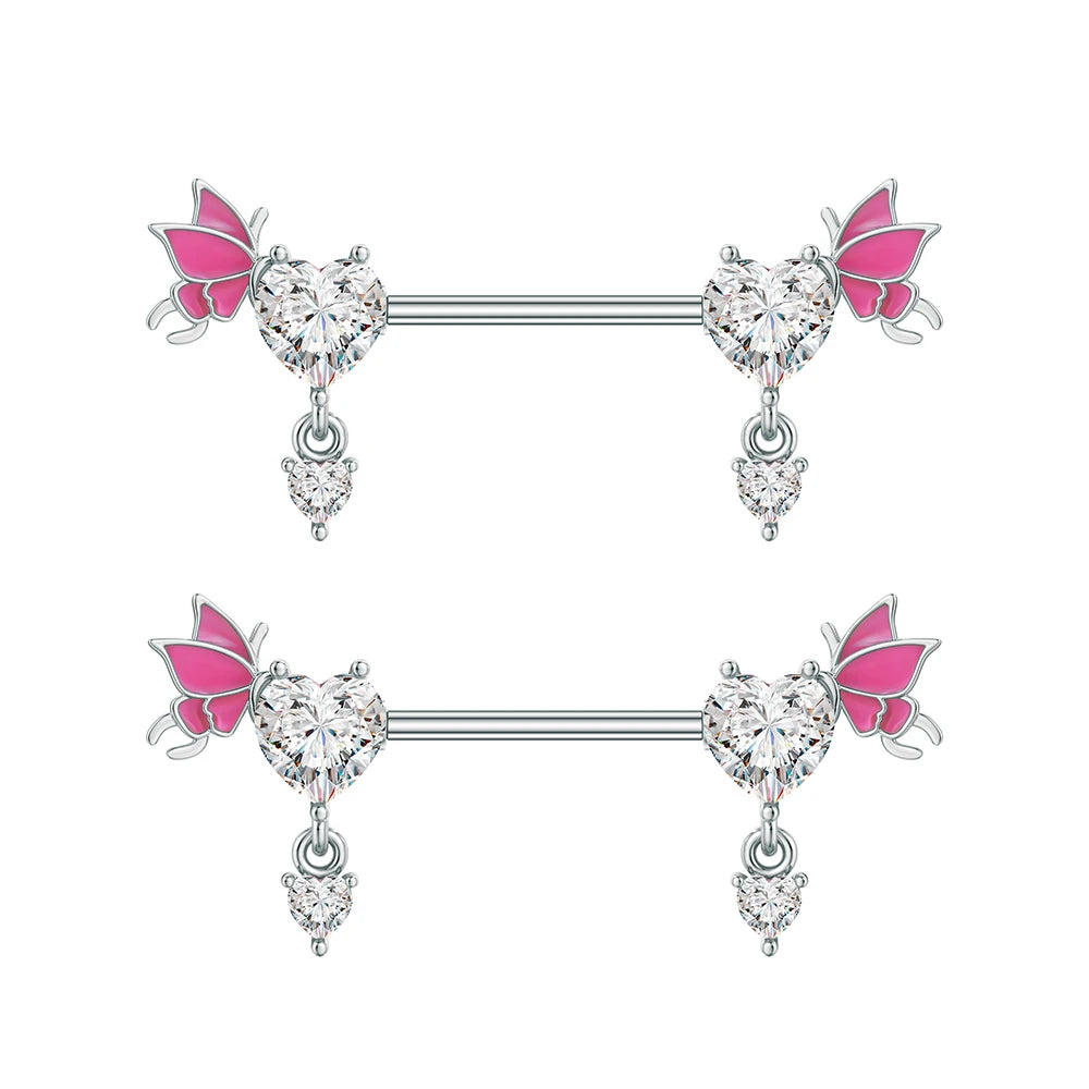 A Pair Cute Heart Dangled Nipple Piercings Barbell for Women Pink Color Moon Butterfly Shaped Sexy Nipple Rings Shield Bar Sets Good Vibrations Adult Super Store