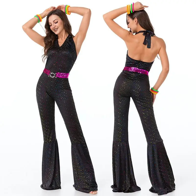 Vintage European and American 70s Disco Sequin Couple Costume Black Top Pants Cool Clothes for Women Men Bar Performance Outfit Good Vibrations