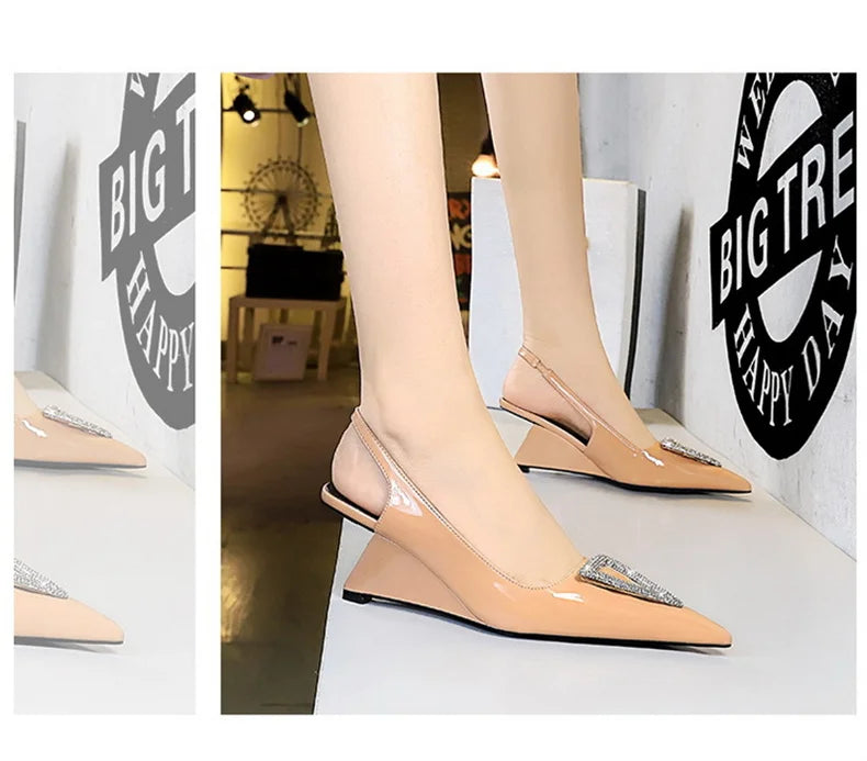 Wedges Women Shoes High Heel Shallow Pointed Toe Hollow Back Straps Patent Leather Triangle Metal Crystal Buckle Pumps Good Vibrations