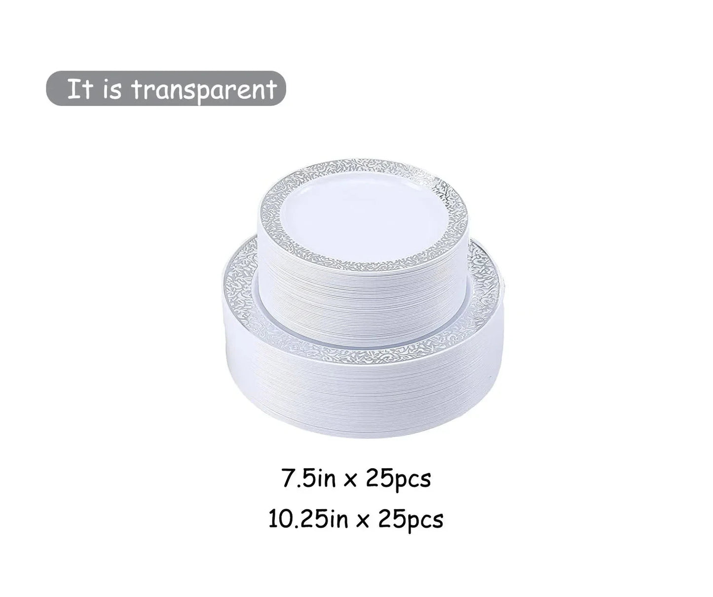 Reusable Silver Plastic Cutlery Set, Including Plates, Knives, Forks, and Spoons, Manually Washable Good Vibrations