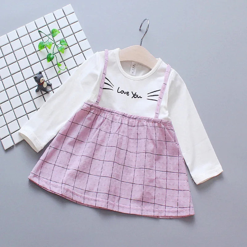 Checked Suspender Splicing Infant Dress Spring And Autumn Girls' Baby Long-Sleeved Dress Simple Girl Children'S Clothing Good Vibrations