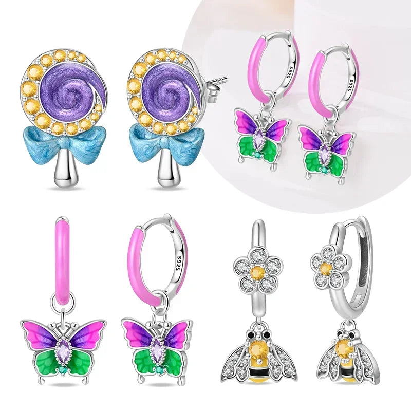 925 Silver Spring Flowers Earrings Colorful Purple Dopamine Butterfly Bee Sweet Romantic Hoop Earrings for Women Party Fine Gift Good Vibrations