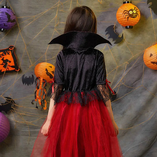 Vampire Costume for Girls Halloween Princess Party Dress Kids Cosplay Dresses Children Stand Collar Tulle Lace Black Red Clothes Good Vibrations