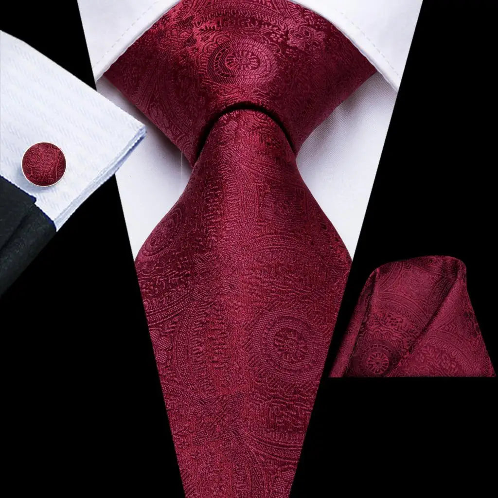 Hi-Tie Designer Red Burgundy Plaid Silk Wedding Tie For Men Handky Cufflink Gift Mens Necktie Fashion Business Party Dropshiping Good Vibrations