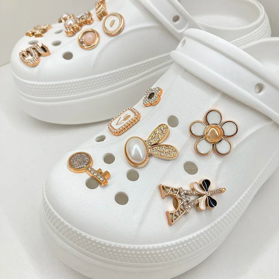 14pcs Sparkling Rhinestone Faux Pearl Shoe Charms Pins Set DIY Detachable Decorative Accessories Suitable For CROCS Clogs Good Vibrations