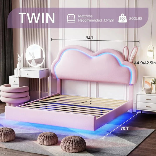 Jocisland Twin LED Bed Frame for Girls Upholstered Floating Bed with Cute Cloud Headboard, No Box Spring Needed, Leather, Pink Good Vibrations