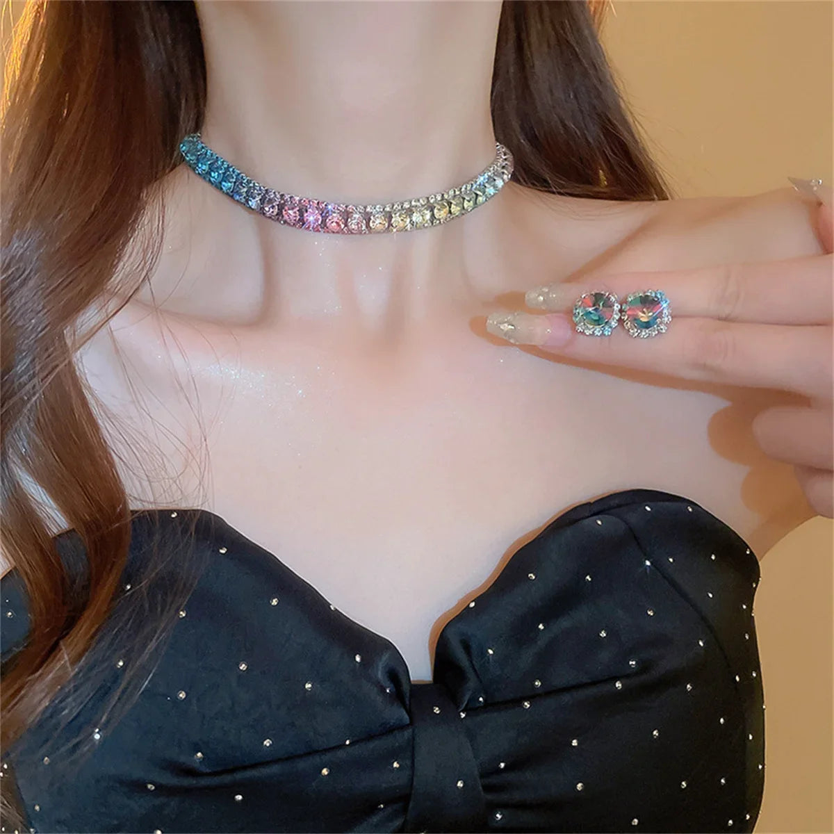 Luxury Crystal Necklace Earrings Set Pink ABcolourful Necklace for Women Weddings Party Jewelry Sets Accessories Good Vibrations Adult Super Store