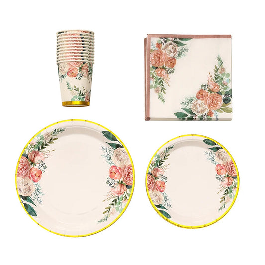 Tea Party Vintage Floral Gold Edge Pattern Disposable Tableware Set Paper Plates Cups Napkins Wedding Birthday Party Decor Good Vibrations