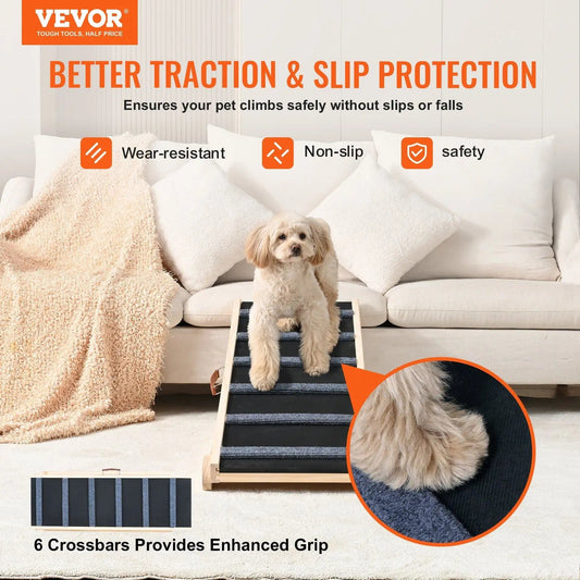 Dog Ramp, Folding Pet Ramp for Bed, Adjustable Dog Ramp for Small, Large, Old Dogs & Cats, Wooden Pet Ramp with 41.3" Long Ramp, Good Vibrations