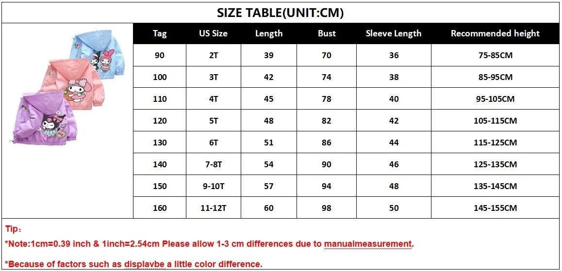 Kuromi Melody Girls Windbreaker Jacket 2024 New Spring Autumn Kid Fashion Cartoon Zipper Hooded Coat Teen Clothing Birthday Gift Good Vibrations