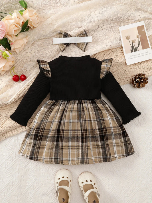 New Baby Girl Spring And Autumn Black Checkered Fake Two-piece Big Bow Headband Dress For Daily Outdoor Wear Good Vibrations