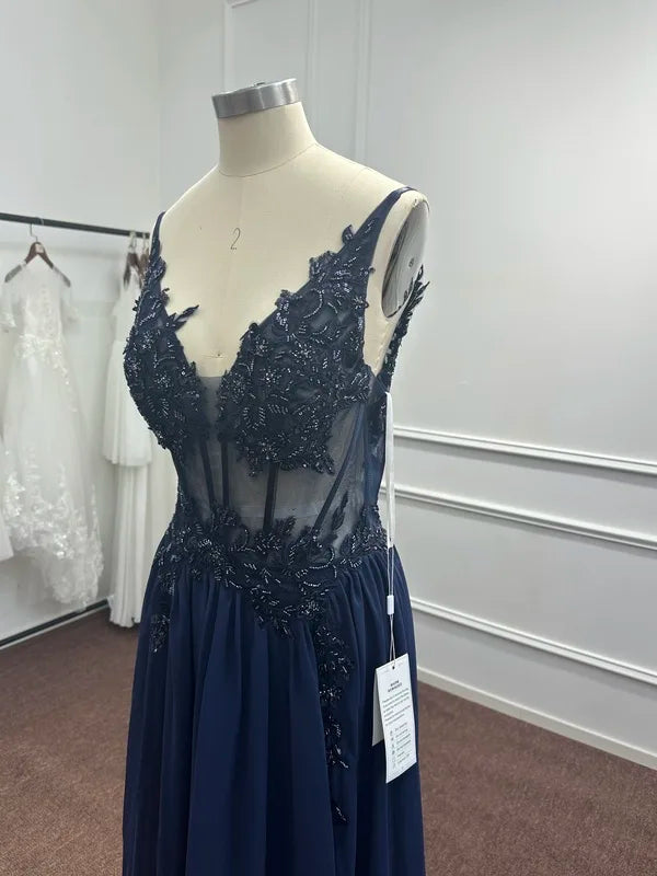 Spaghetti Straps Navy Blue A Line Evening Dresses 2025 Elegant Beaded Appliques Illusion Prom Gowns Formal Party Vestido De Gala Good Vibrations