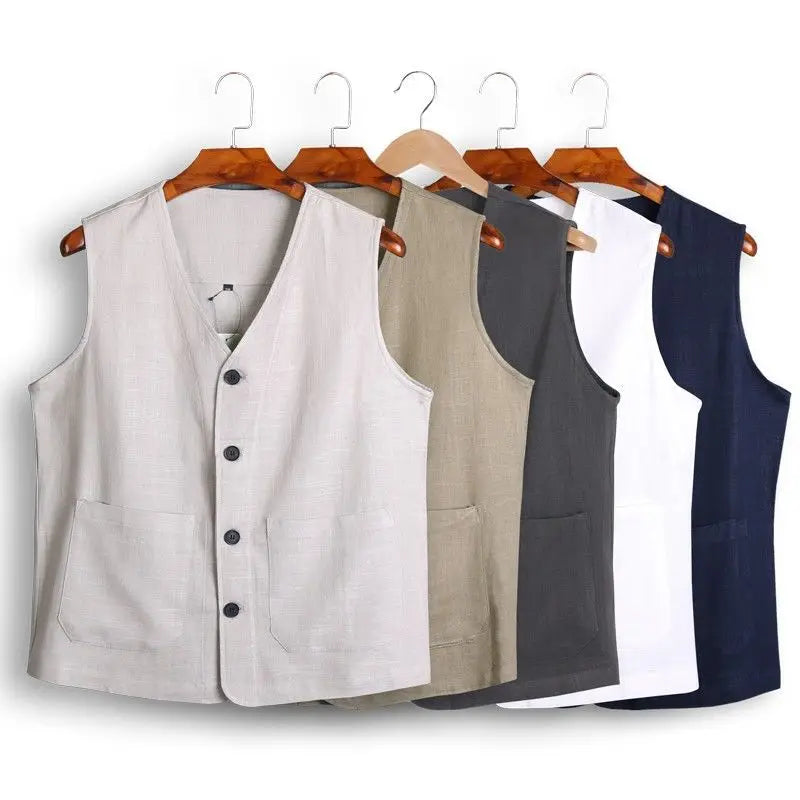 Men's Vest Dress Linen Cotton Waistcoat Jacket Male Formal Gilet For Mens Jeans Summer Casual Business Victorian Clothing Good Vibrations