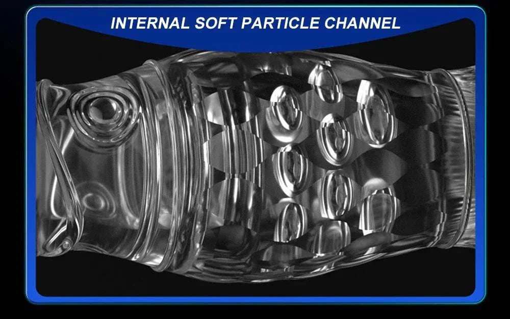 Transparent silicone male masturbator cup with internal soft particle channel design.