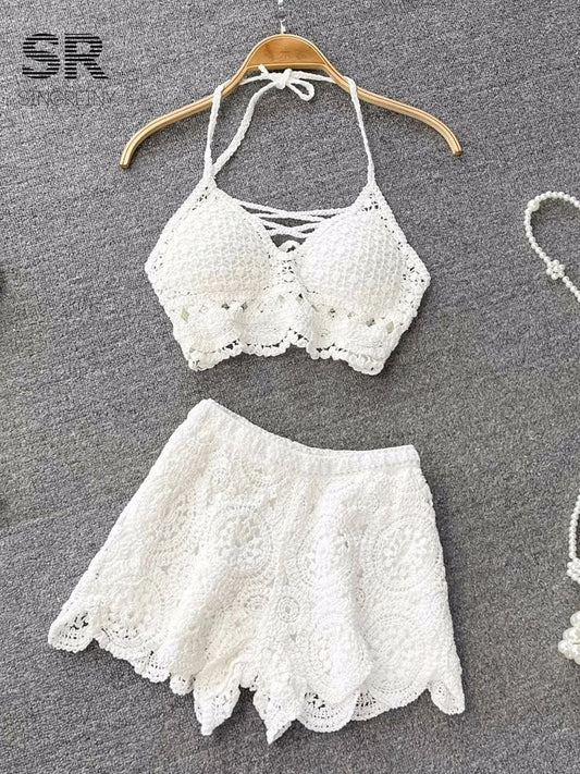 SINGREINY Knit Two Piece Sets Women Summer Vacation Backless Camisole Elastic Waist Shorts Hollow Out Y2K Beach Style Suits Good Vibrations