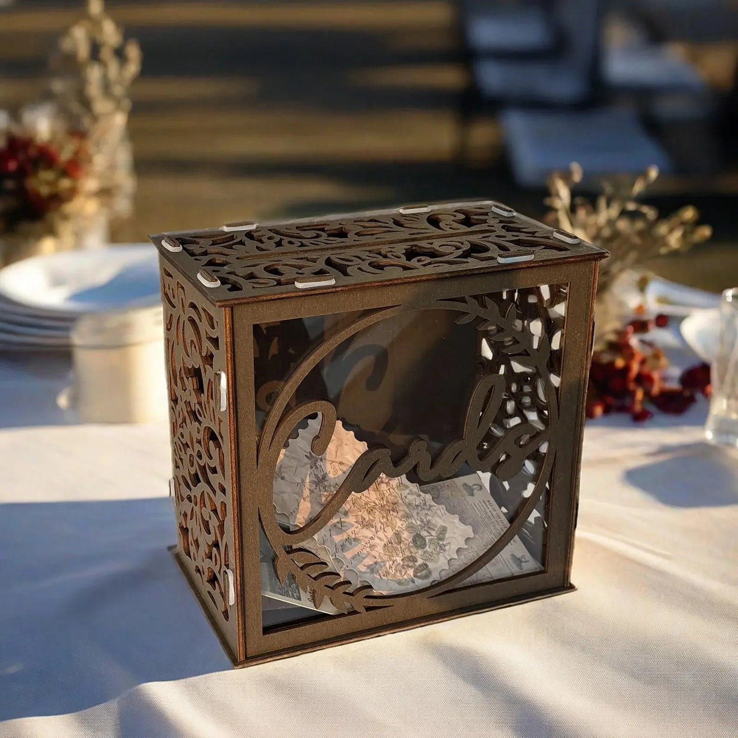 Brown wedding card boxes for reception, PVC gift card box with acrylic window, rustic envelope money gift box for anniversary Good Vibrations