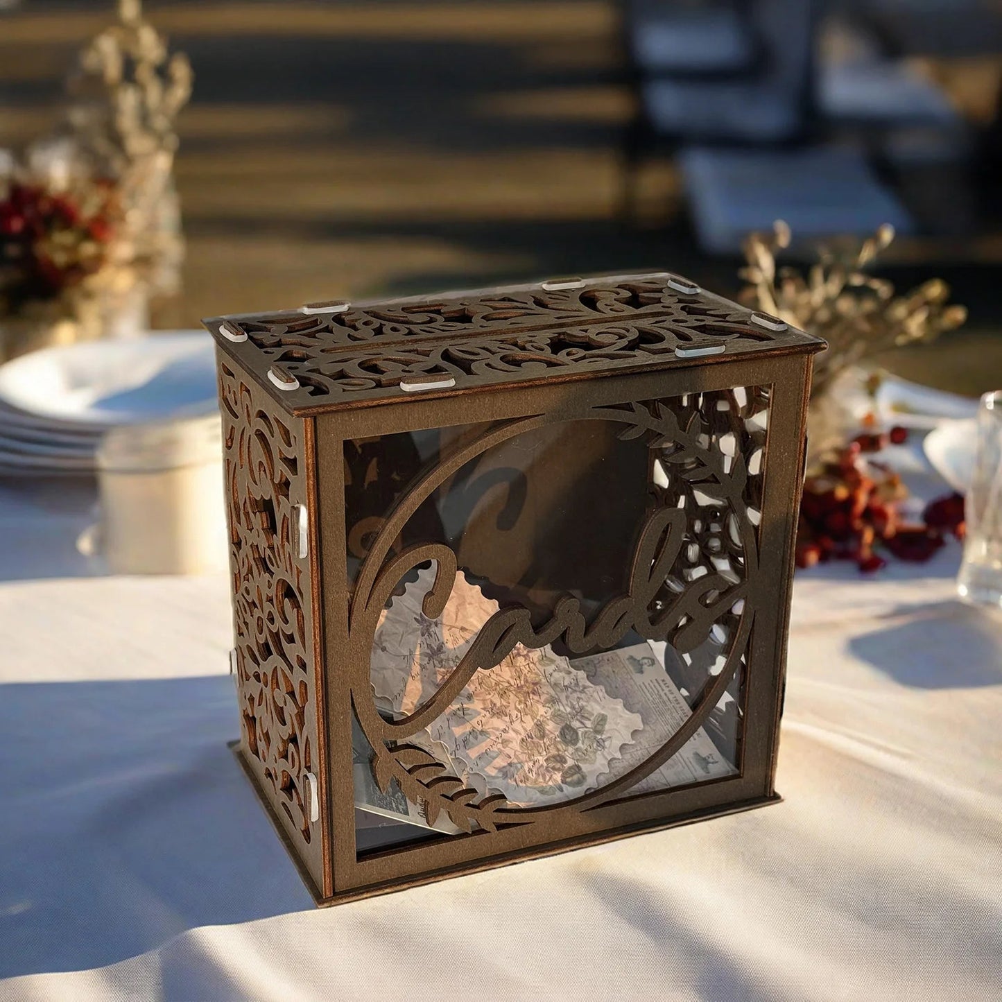 Brown wedding card boxes for reception, PVC gift card box with acrylic window, rustic envelope money gift box for anniversary Good Vibrations