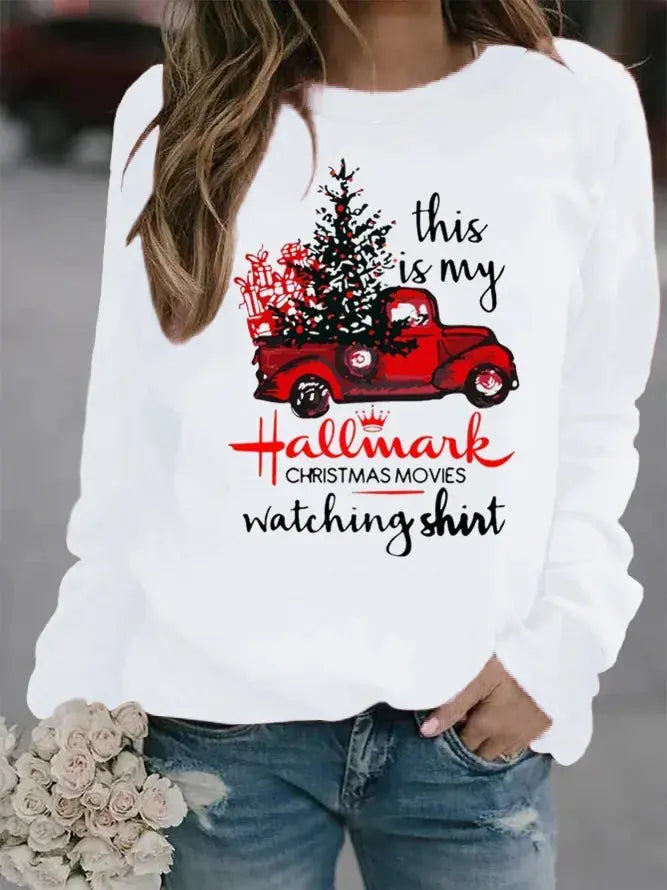 Christmas Tree Car Printed Long Sleeve Collar Loose Round Neck Hoodie Winter Autumn Graphic T Shirts  Women Clothing Good Vibrations