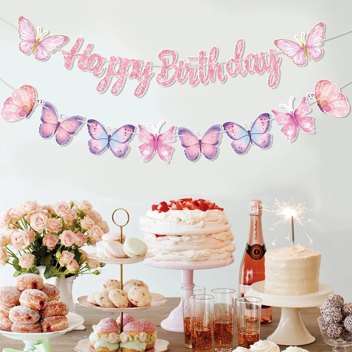 Pink Happy Birthday Banner With Butterfly Dancing Hanging Pendant Garlands  Girls Princess 1st Happy Birthday Party Decorations Good Vibrations