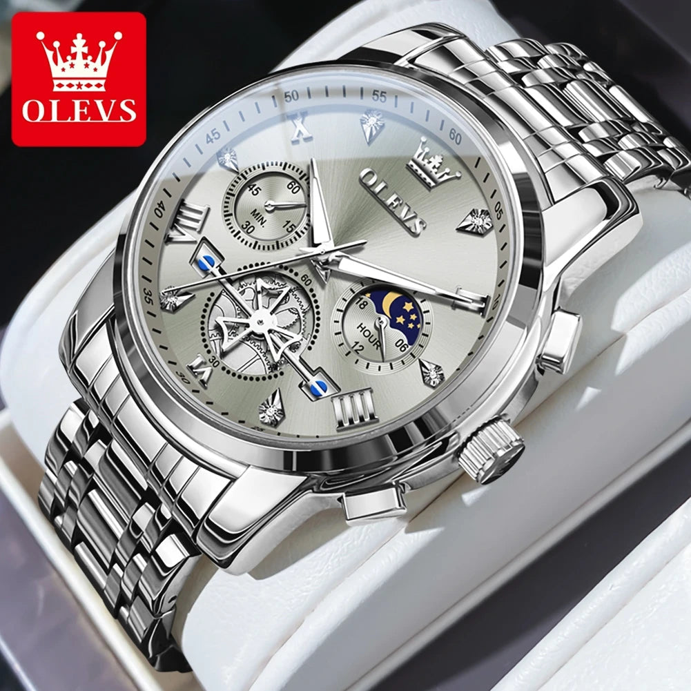 OLEVS Men's Watches Classic Multifunctional Fltwheel Chronograph Original Quartz Wristwatch Moon Phase 24 Hour Waterproof reloj Good Vibrations