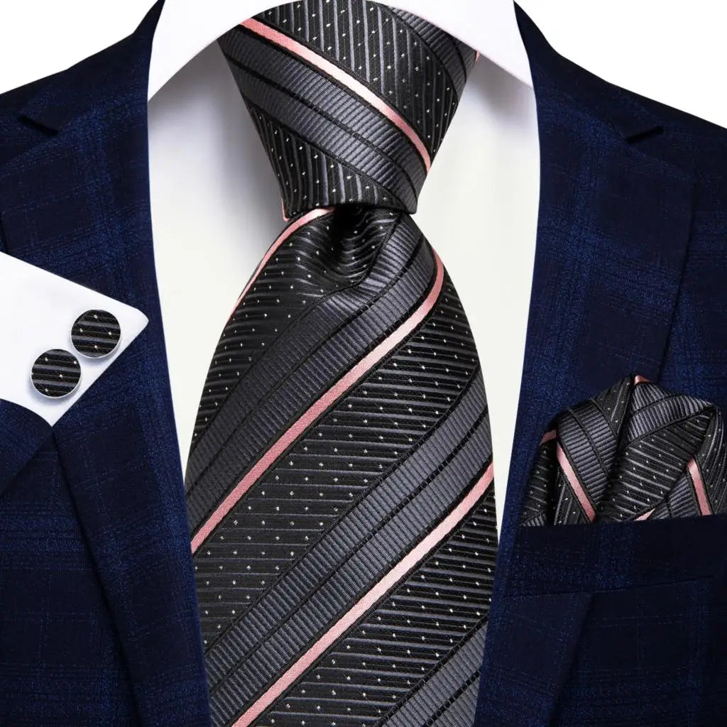 Black Red Striped Silk Wedding Tie For Men Handky Cufflink Gift Men Necktie Fashion Business Party Dropshiping Hi-Tie Designer Good Vibrations