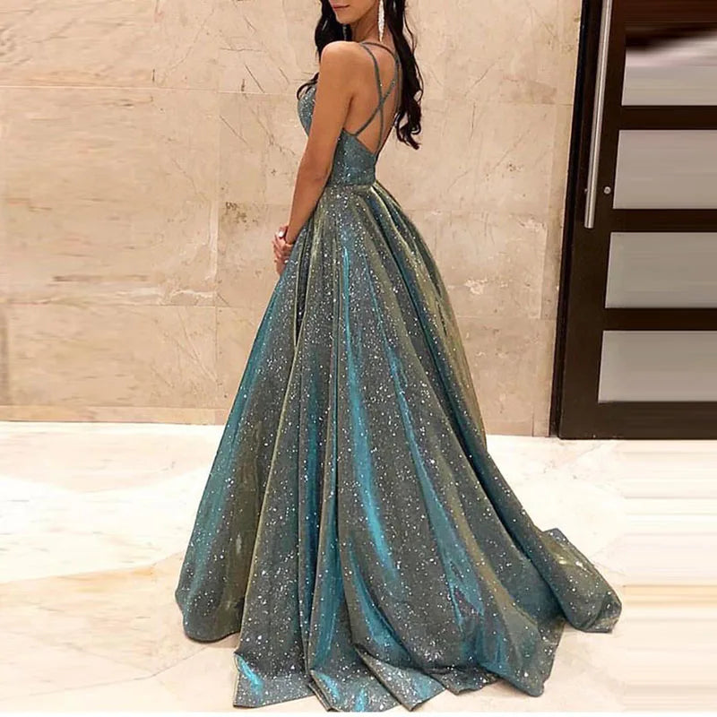 Lady Formal Occasion Glitter Sequins Dresses Sexy Elegant Backless Sleeveless Party Evening Dress New Women Waisted A-line Dress Good Vibrations