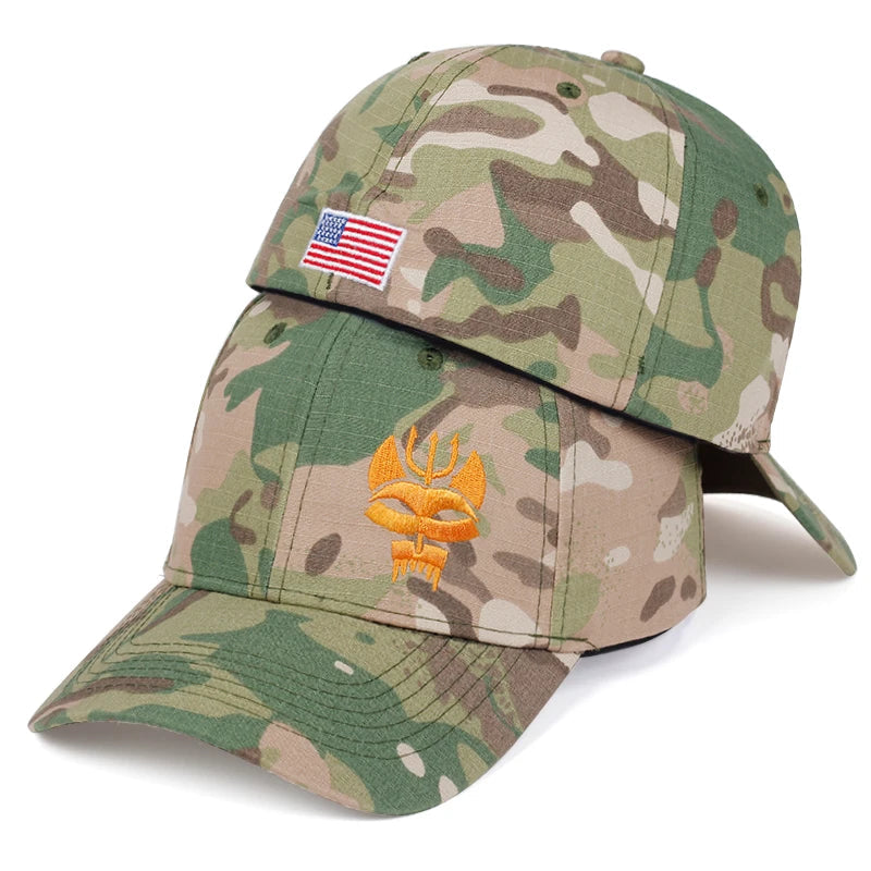 Unisex Forked Wolf Embroidery Snapback Camouflage Baseball Caps Spring and Autumn Outdoor Adjustable Casual Sunscreen Hat Good Vibrations