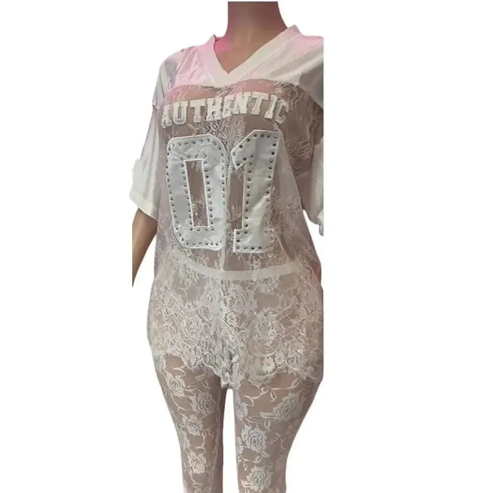 HLJ&GG Fashion Lace See Though Patchwork Two Piece Sets Women V Neck Short Sleeve Loose Top+Skinny Shorts Outfits Sexy Clubwear GOOD Vibrations