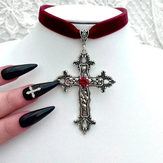 A Classic Gothic Large Cross Shaped Black Velvet Necklace Prepared for Her, Gorgeous Cross Shaped Black Velvet Necklace Good Vibrations