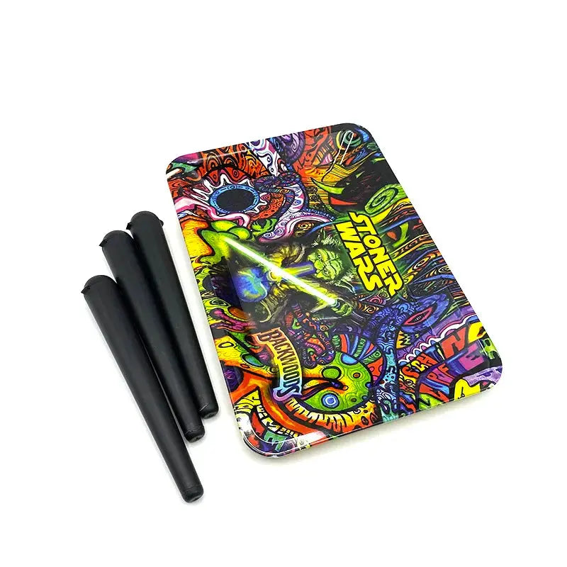 Rolling Tray 18X12.5CM with colorful design and black accessories.
