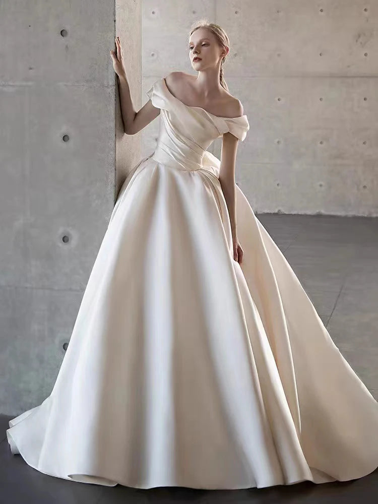 2025 Wedding Dress White Bride Satin Off The Shoulder Floor Length Elegant Strapless Big Bow Women Luxury Simple 원피스 웨딩드레스