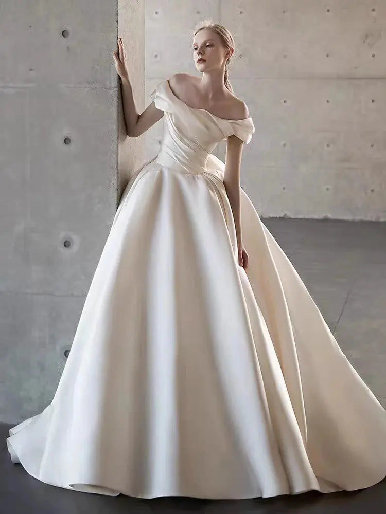 2025 Wedding Dress White Bride Satin Off The Shoulder Floor Length Elegant Strapless Big Bow Women Luxury Simple 원피스 웨딩드레스 Good Vibrations