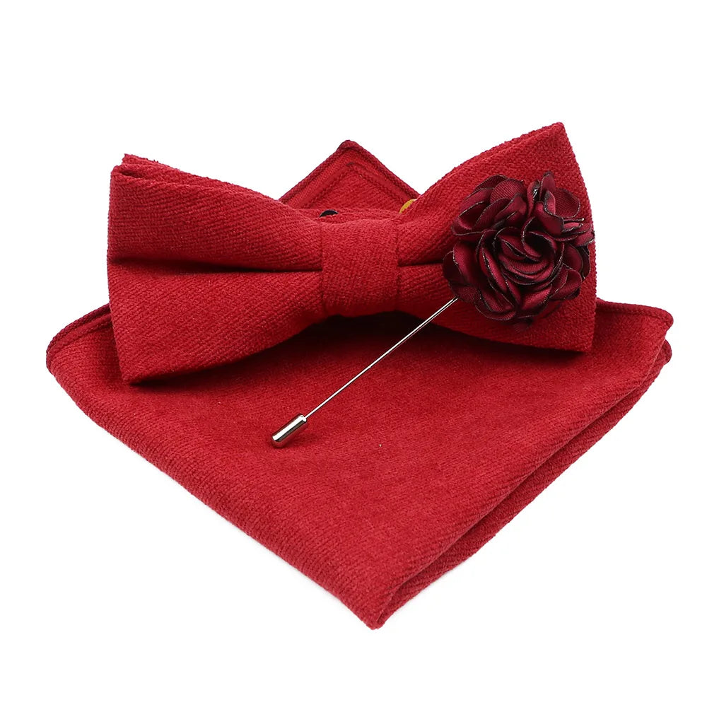 Mens Solid Color Cotton Bowtie Pocket Square Brooch Sets Pink Blue Super Soft Suede Bow Tie Handkerchief For Wedding Party Gift Good Vibrations