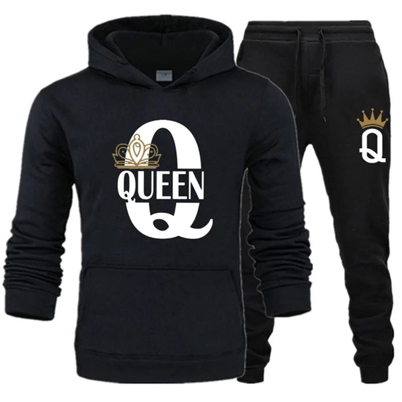 2024 New Autumn and Winter Men's and Women's Sweater Set KING QUEEN Loose Relaxed Hooded Print Couple Set Good Vibrations