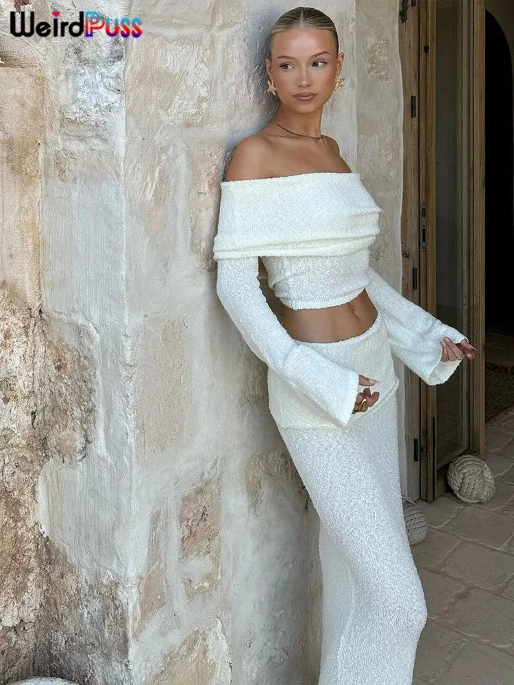 Weird Puss Elegant 2 Piece Set Women Chic Hairball Lapel Slash Neck Crop Top+Maxi Skirts Matching Autumn Trend Streetwear Suits Good Vibrations Adult Super Store