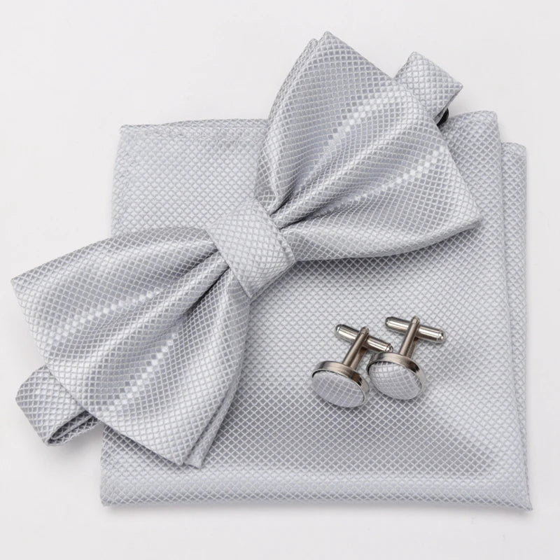 Men Bowtie Set 3pcs Plaids Classic Fashion Wedding Party Formal Cufflinks Bow Tie Handkerchief Cuff Links Lots Three Piece Set Good Vibrations